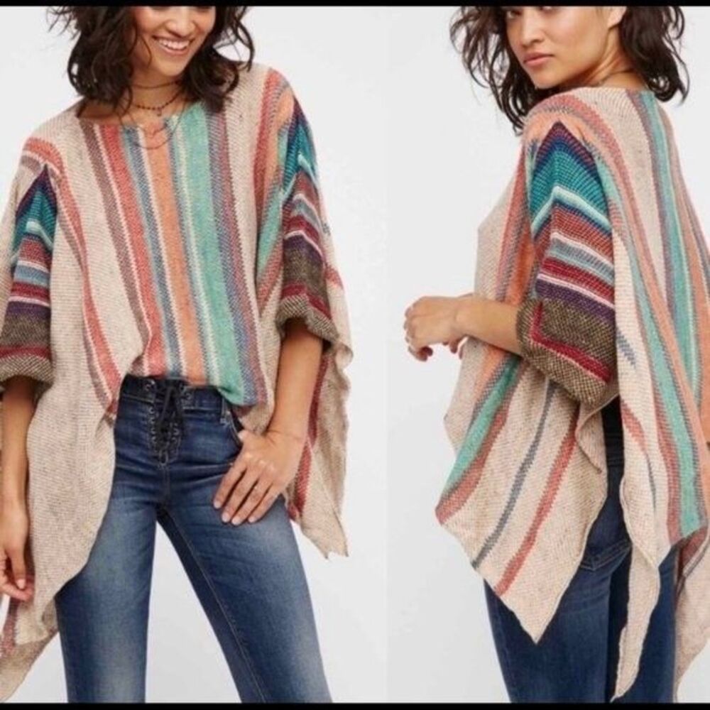 Free People Fressia Stripe Poncho Pullover Sweater NWT XS/S Boho Multicolor Knit